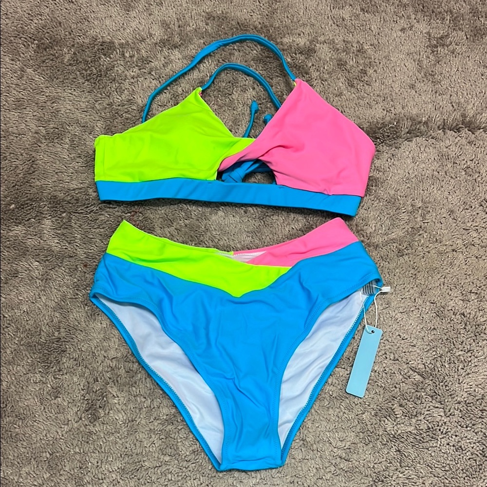 Colorblock Bright Two Piece Swimsuit Small NWT